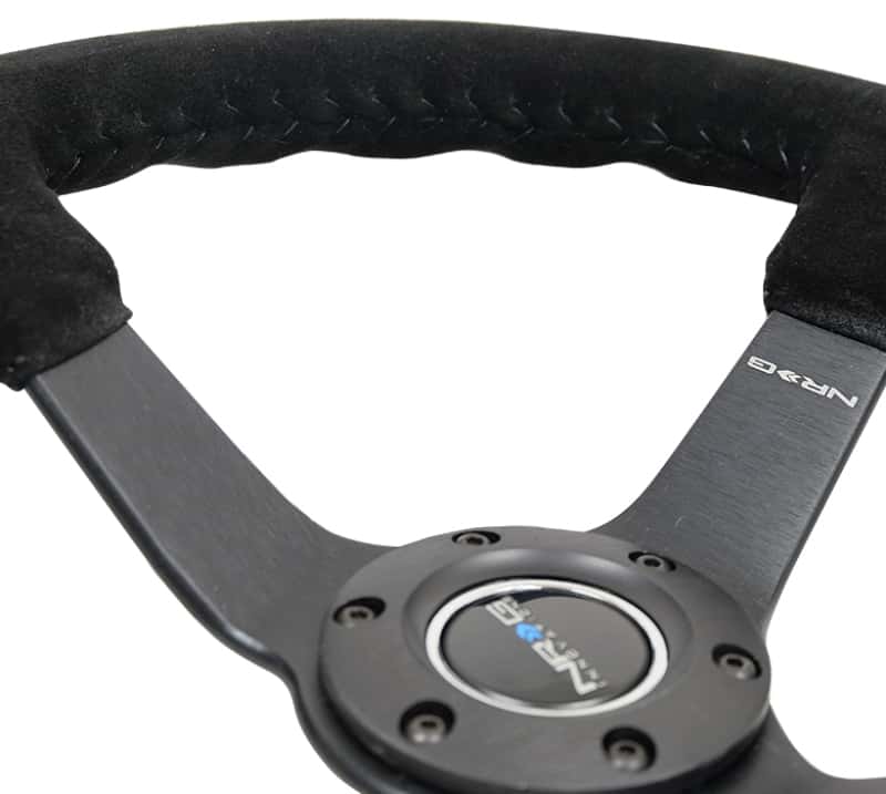 NRG — NRG Reinforced Steering Wheel (350mm / 3in. Deep) Blk Suede/Blk Bball Stitch w/5mm Matte Black Spoke - view 6
