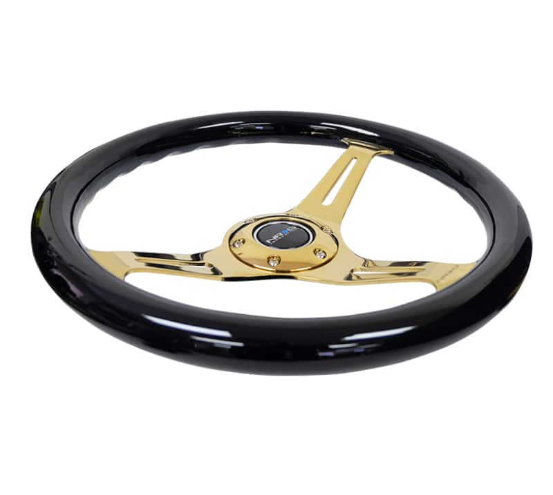 NRG — NRG Classic Wood Grain Steering Wheel (350mm) Black Grip w/Chrome Gold 3-Spoke Center - view 3