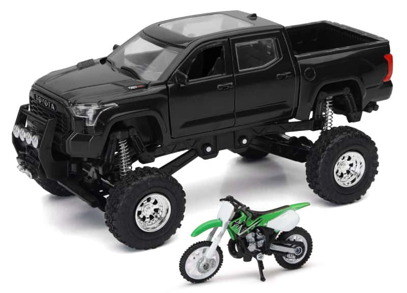New Ray Toys — New Ray Toys Toyota Tundra Pro Lifted Truck Black with Kawasaki Dirt Bike 1:32 Scale - view 1