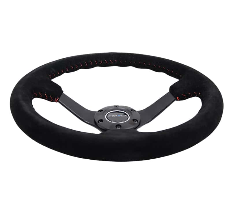 NRG — NRG Reinforced Steering Wheel (350mm / 3in. Deep) Blk Suede/Red BBall Stitch w/5mm Matte Blk Spokes - view 4