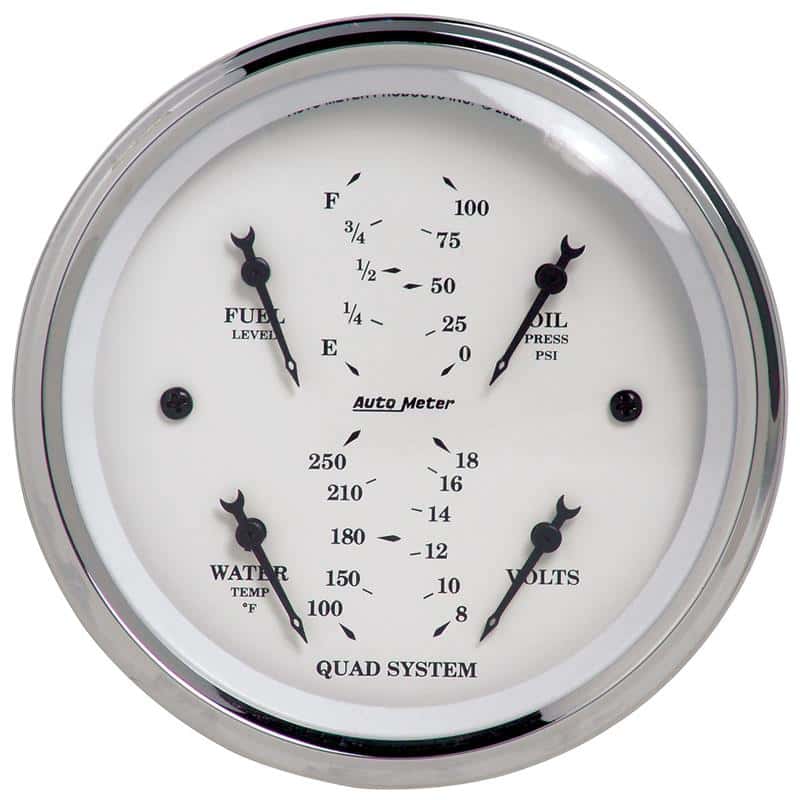 AutoMeter — Autometer Old Tyme White 3-3/8in Short Sweep Electric Quad Gauge-Oil Press 0-100 PSI/Water Temp100-
3-3/8" QUAD GAUGE, O - view 1