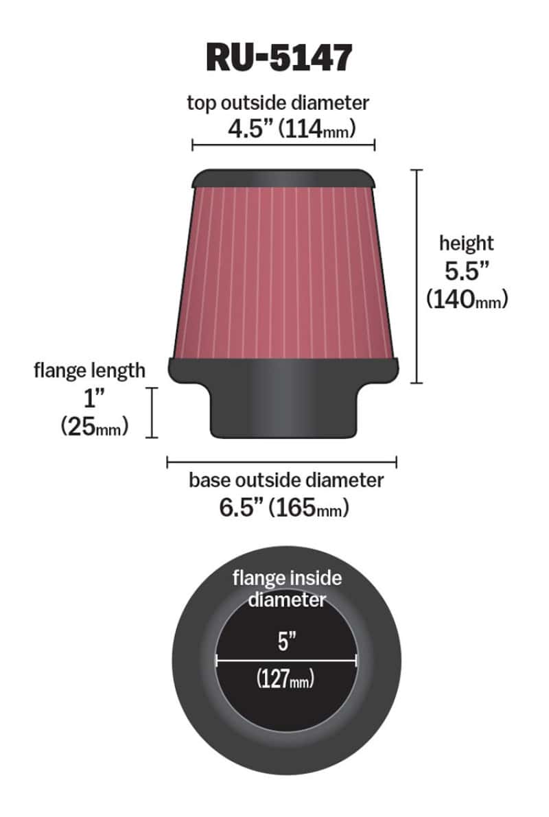 K&N Engineering — K&N Filter Universal Rubber Filter 5in Flange 6.5in Base 4.5in Top 5.5in Height
Universal Clamp-On A
Clamp-on Air Filter - view 6