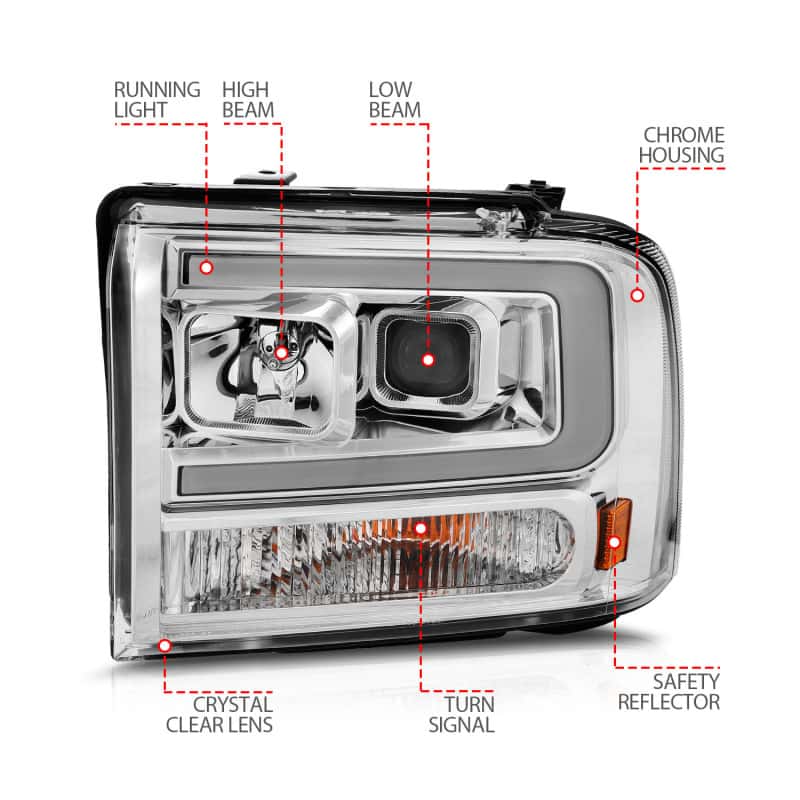ANZO — ANZO 99-04 Ford F250/F350/F450/Excursion (excl 99) Projector Headlights - w/Light Bar Chrome Housing
Head Light Set
HdLtSet - view 10