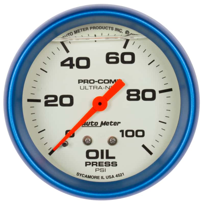 AutoMeter — Autometer Ultra-Nite 2-5/8in 0-100 PSI Liquid Filled Mechanical Glow In Dark Oil Pressure Gauge
GA 2.6" OP 100 L UN - view 1