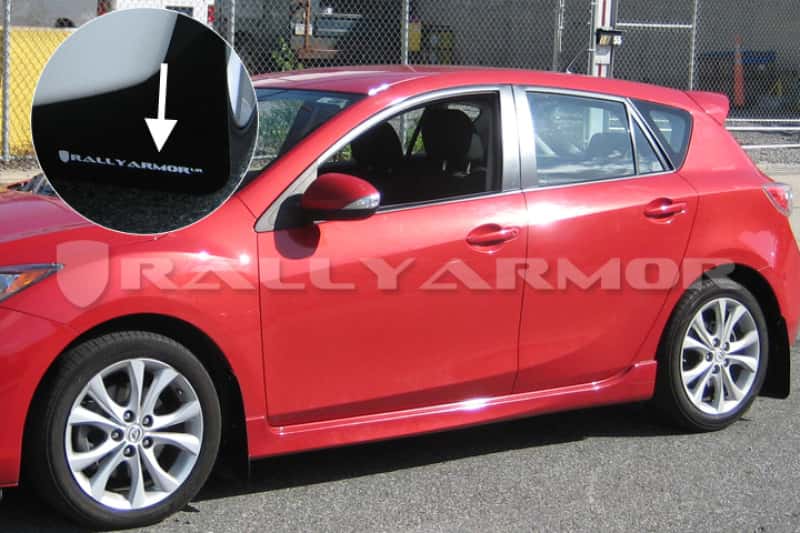 Rally Armor — Rally Armor 10-13 Mazda3/Speed3 (Hatch/Sedan) Black UR Mud Flap w/White Logo
Mud Flap - view 2