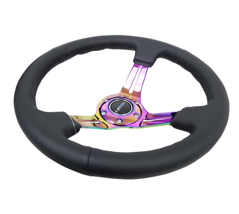 NRG — NRG Reinforced Steering Wheel (350mm / 3in. Deep) Blk Leather/Blk Stitch w/Neochrome Slits - view 3