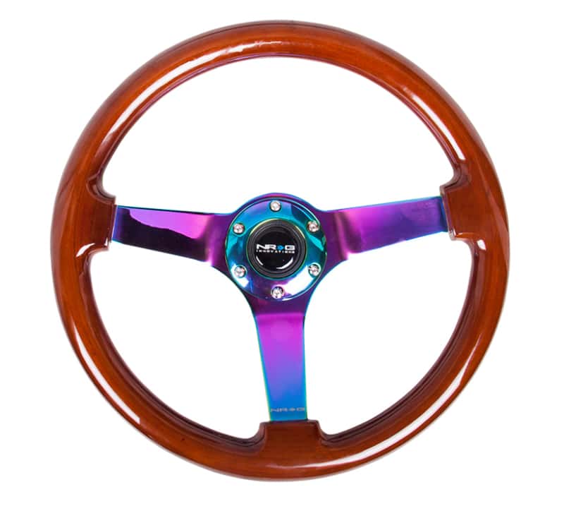 NRG — NRG Reinforced Steering Wheel (350mm / 3in. Deep) Classic Dark Wood w/4mm Neochrome Solid 3-Spoke - view 1