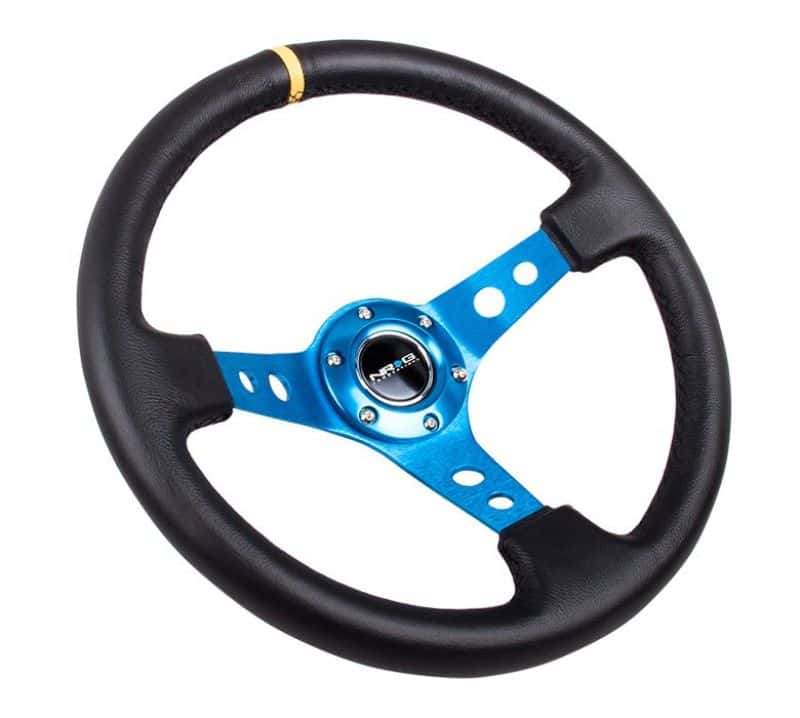 NRG — NRG Reinforced Steering Wheel (350mm / 3in. Deep) Blk Leather w/Blue Cutout Spoke & Single Yellow CM - view 1