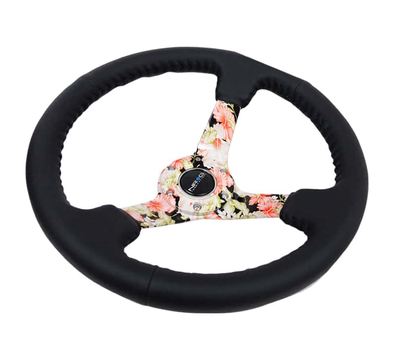 NRG — NRG Reinforced Steering Wheel (350mm / 3in. Deep) Blk Leather Floral Dipped w/ Blk Baseball Stitch - view 3
