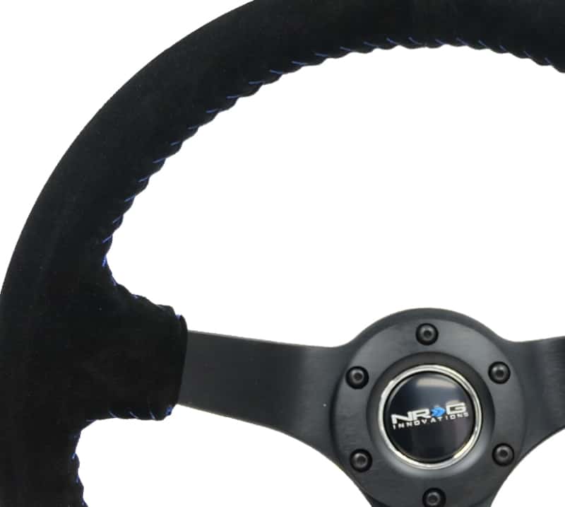 NRG — NRG Reinforced Steering Wheel (350mm / 3in. Deep) Blk Suede/Blue BBall Stitch w/5mm Matte Blk Spokes - view 3