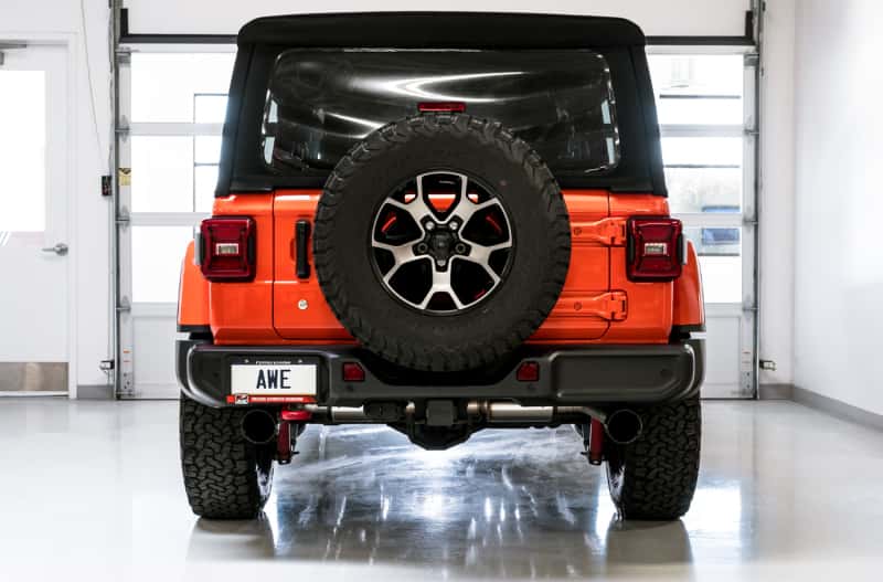 AWE Tuning — AWE Tuning 2018+ Jeep Wrangler JL/JLU Tread Edition Axle-Back Dual Exhaust - Diamond Black Tips
Tread Exhaust - view 3
