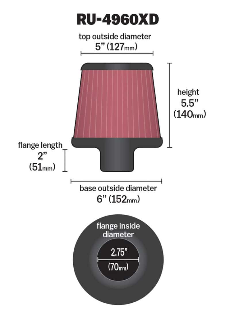 K&N Engineering — K&N Filter Universal Clamp-On Filter-Round Tapered 2.75in Flange ID x 6in Base OD x 5in Top OD
Universal Clamp-On A
Clamp-on Air Filter - view 3