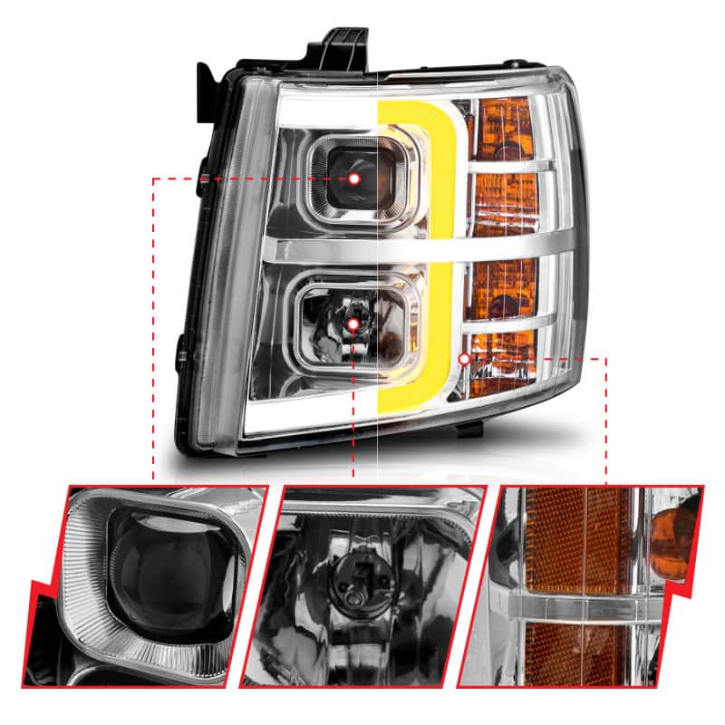 ANZO — ANZO 2007-2013 Chevrolet Silverado 1500 Projector w/ Light Bar Chrome Housing w/ Sequential
Head Light Set
HdLtSet - view 15