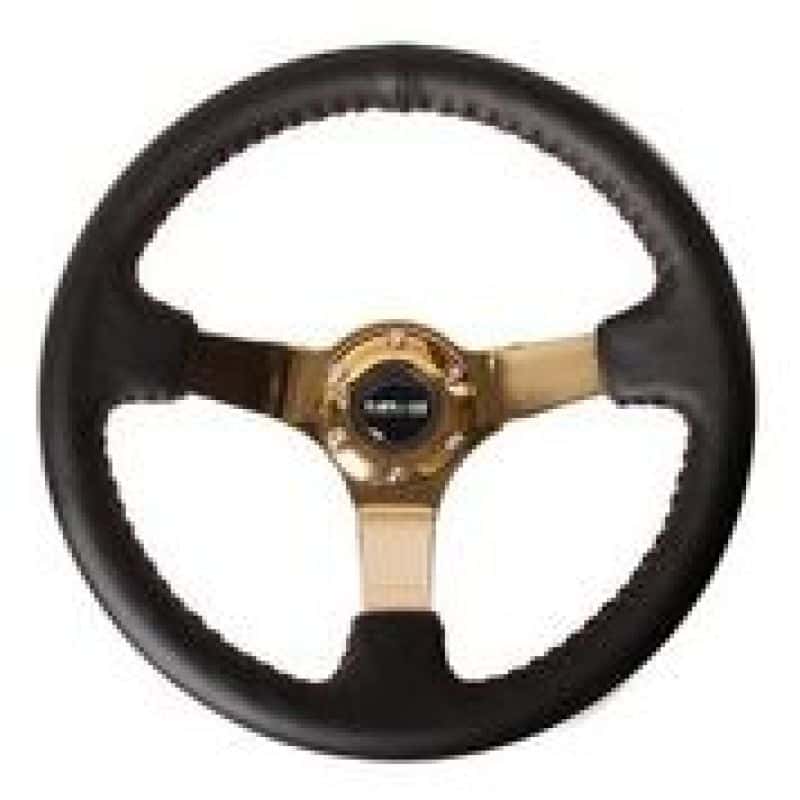 NRG — NRG Reinforced Steering Wheel (3in Deep / 4mm) 350mm Blk Leather w/Red BBall Stitch & Gold Spoke - view 2