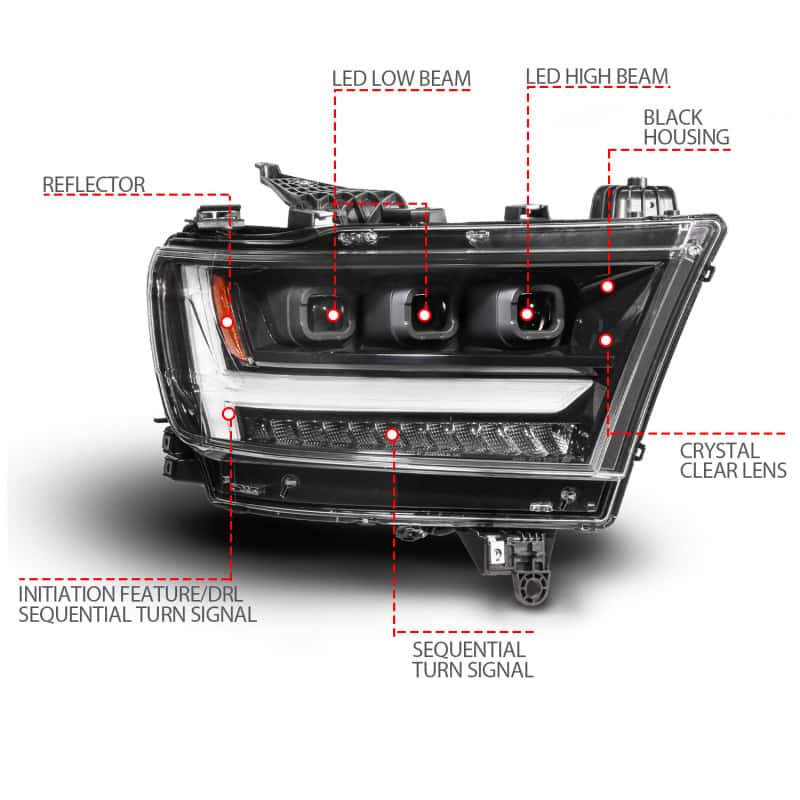 ANZO — ANZO 19-24 RAM 1500 (New Body/OE Halogen) Full LED Proj Headlights DRL/SeqSig Black - Pass. Side - view 3