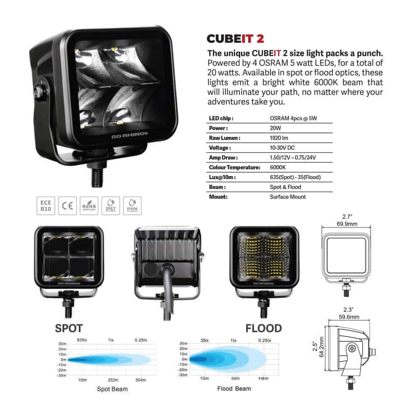 Go Rhino — Go Rhino Xplor Blackout Series Cube LED Flood Light Kit (Surface/Threaded Stud Mnt) 2x2 - Blk (Pair)
BLK-Two Flood Lights - view 10