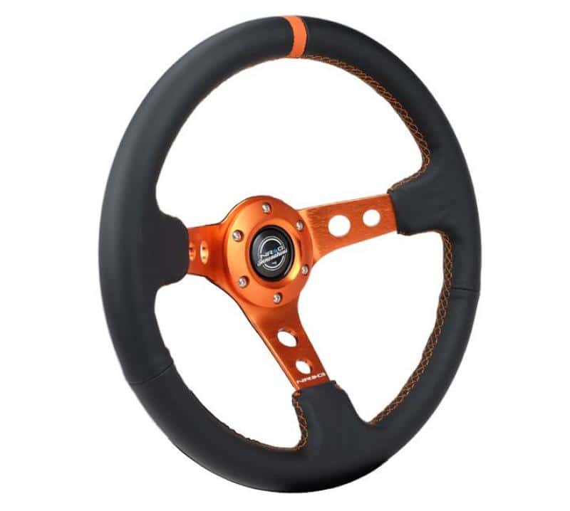 NRG — NRG Reinforce Steering Wheel (350mm / 3in. Deep) Blk Leather, Orange Center Mark w/ Orange Stitching - view 2
