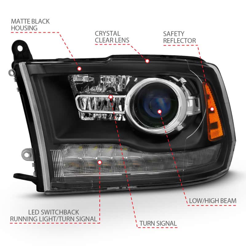 ANZO — ANZO 2009-2018 Dodge Ram 1500 Projector Headlights Plank Style Halo w/Switchback Matte Black
Head Light Set
HdLtSet - view 11