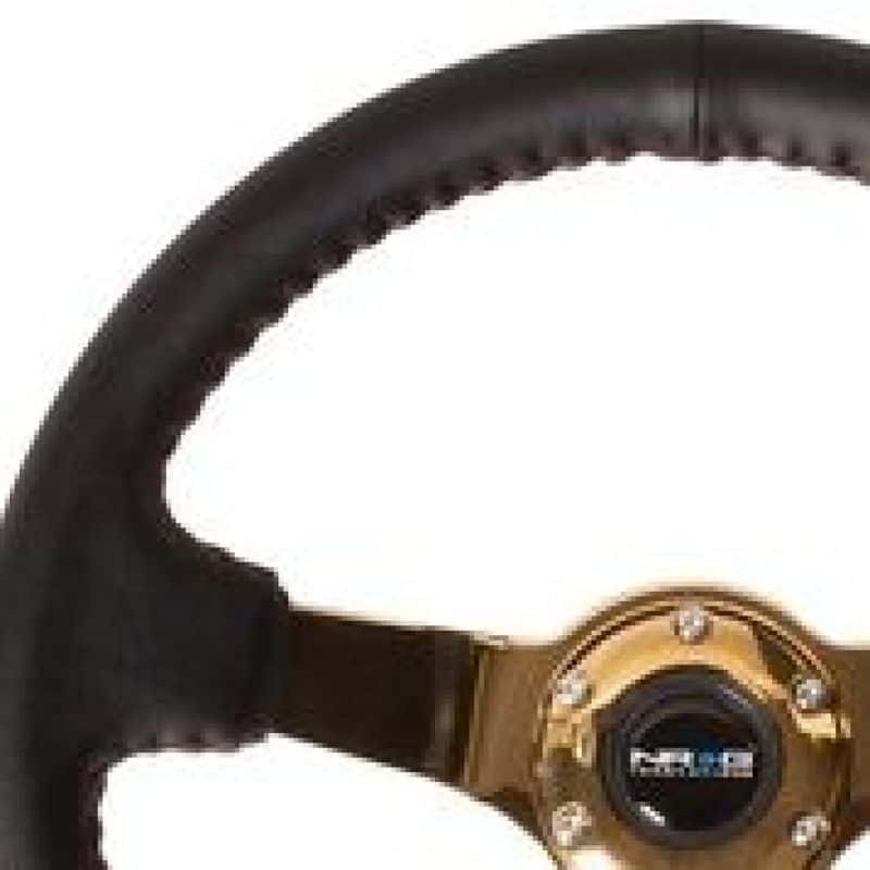 NRG — NRG Reinforced Steering Wheel (3in Deep / 4mm) 350mm Blk Leather w/Red BBall Stitch & Gold Spoke - view 1