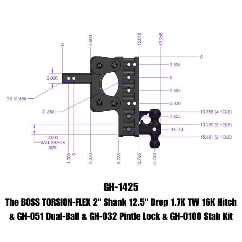 GEN-Y Hitch — Gen-Y The Boss Torsion-Flex 2in Shank 15in Drop 16K Hitch w/GH-051 Dual-Ball/Pintle Lock/Stab Kit
Drop Hitch - view 2