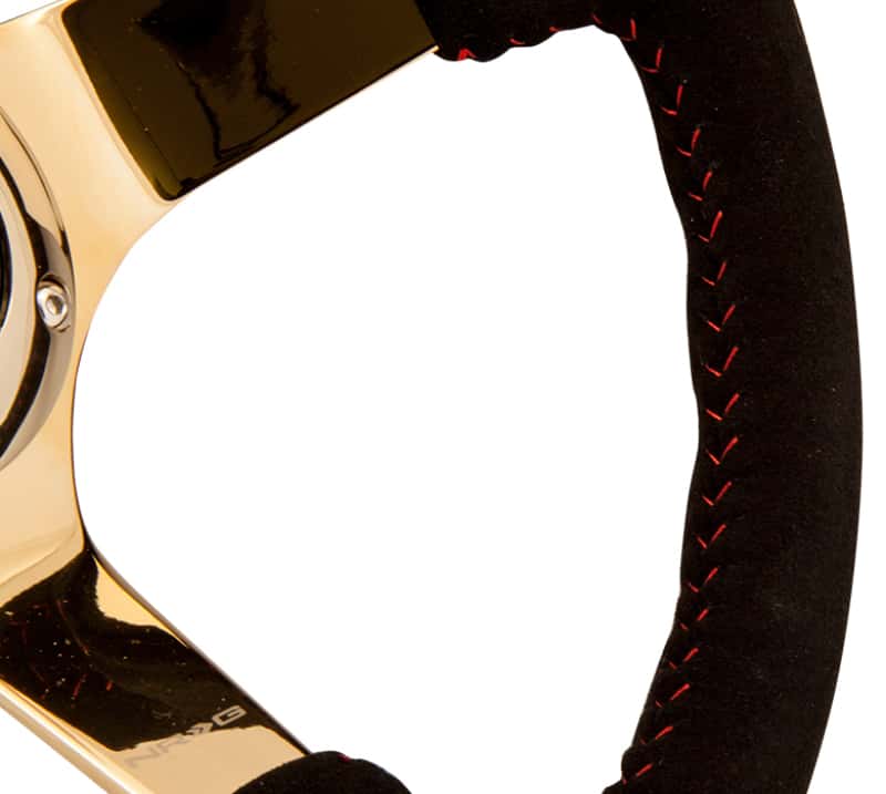 NRG — NRG Reinforced Steering Wheel (350mm / 3in. Deep) Blk Suede w/Red BBall Stitch & Chrome Gold 3-Spoke - view 3