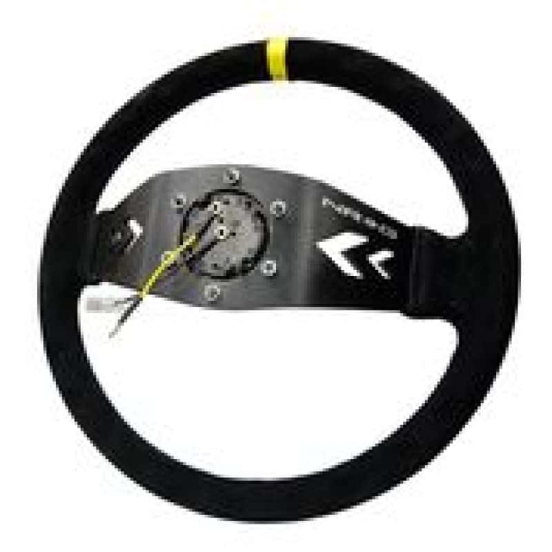 NRG — NRG Reinforced Steering Wheel (350mm / 3in. Deep) Blk Suede w/NRG Arrow Cut 2-Spoke & Yellow Mark - view 1