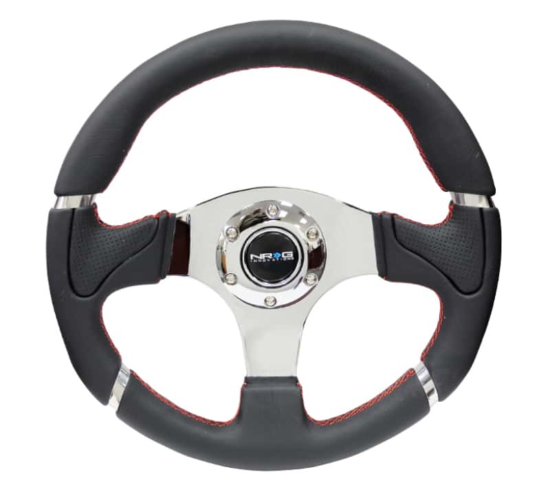 NRG — NRG Reinforced Steering Wheel (320mm) Blk Leather/Red Stitching w/Chrome 3-Spoke Center - view 1