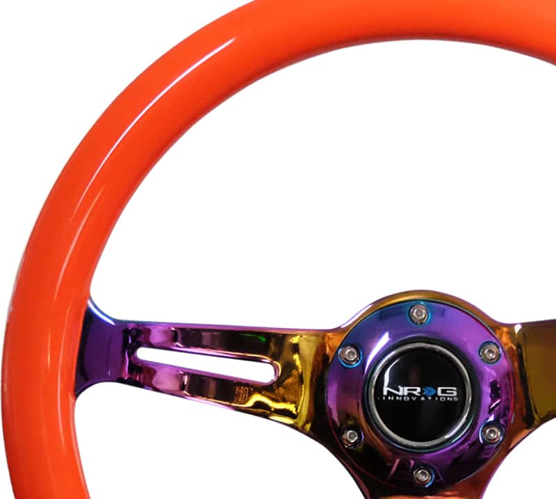 NRG — NRG Classic Wood Grain Steering Wheel (350mm) Neon Orange Color w/Neochrome Spokes - view 2