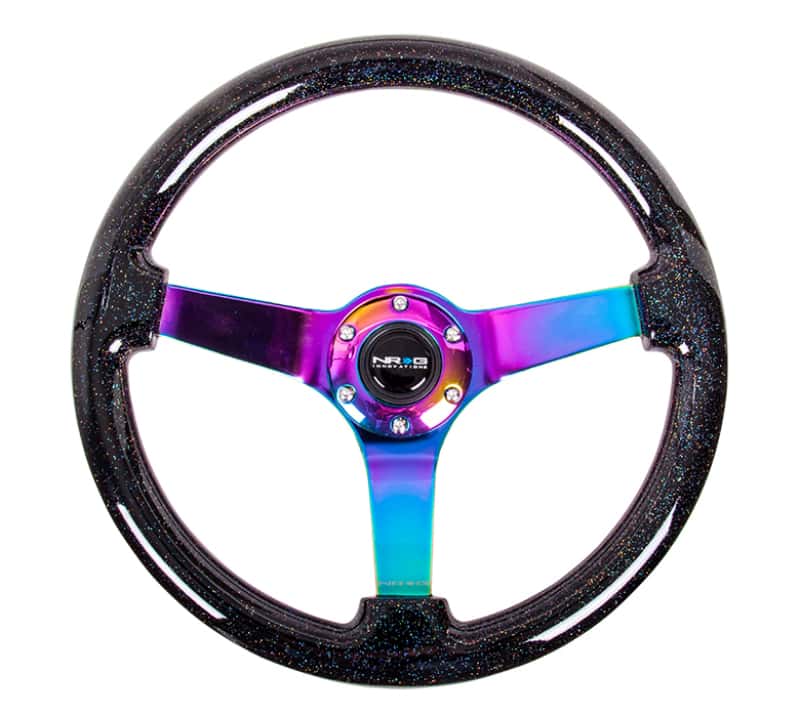 NRG — NRG Reinforced Steering Wheel (350mm / 3in. Deep) Classic Blk Sparkle w/4mm Neochrome 3-Spoke Center - view 1