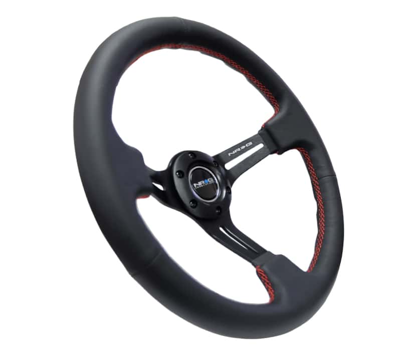 NRG — NRG Reinforced Steering Wheel (350mm / 3in. Deep) Black Leather/Red Stitch & Blk 3-Spoke w/Slits - view 2