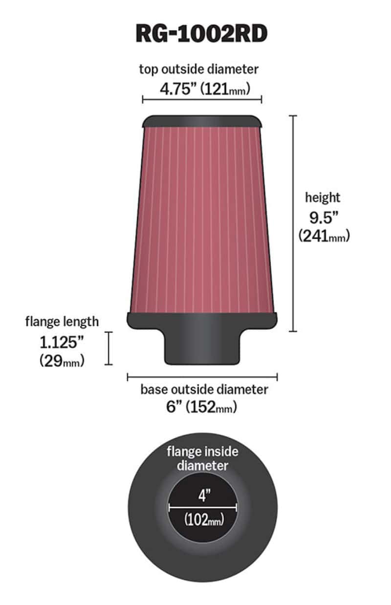 K&N Engineering — K&N Universal Air Filter Chrome Round Tapered Red - 4in Flange ID x 1.125in Flange Length x 9.5in H
Universal Clamp-On A
Clamp-on Air Filter - view 4