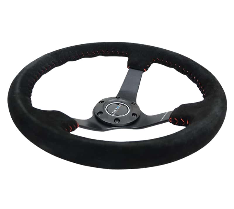 NRG — NRG Reinforced Steering Wheel (350mm / 3in. Deep) Blk Suede/Red BBall Stitch w/5mm Matte Blk Spokes - view 5