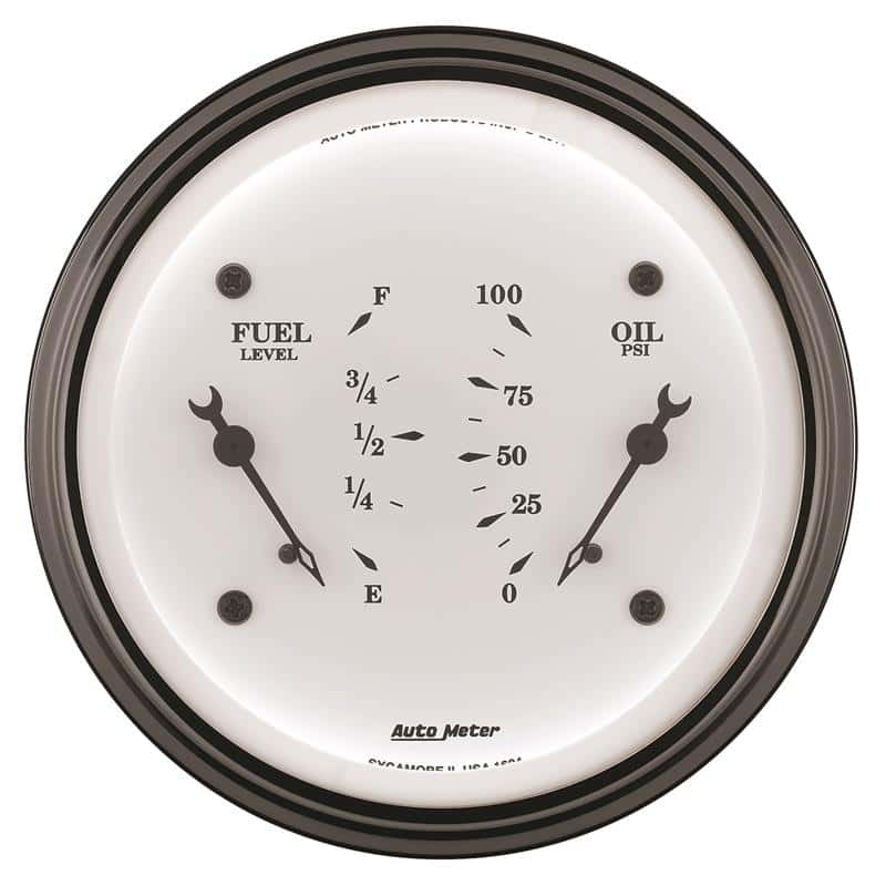 AutoMeter — AutoMeter Gauge Dual Fuel & Oilp 3-3/8in. 0 Ohm(e) to 90 Ohm(f)& 100PSI Elec Old Tyme White
3-3/8" DUAL, FUEL LE - view 2