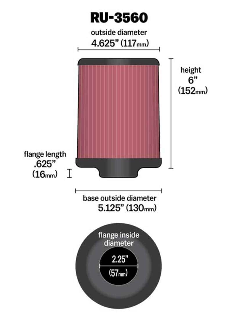 K&N Engineering — K&N Universal Rubber Filter 2-1/4in FLG x 5-1/8in Base x 4-5/8in Top x 6in Height
Universal Clamp-On A
Clamp-on Air Filter - view 3