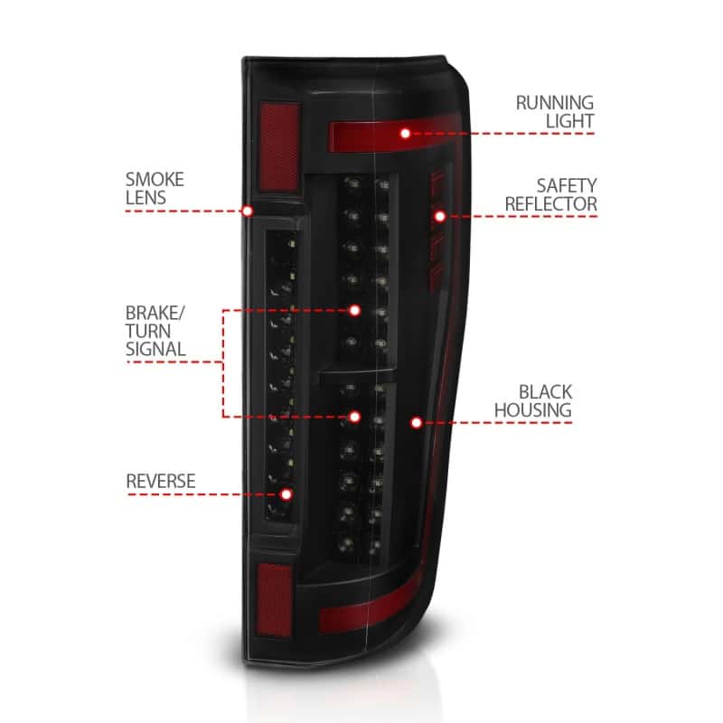 ANZO — FORD F250/ F350/ F450 17 UP L.E.D T.L BLACK HOUSE SMOKE LEN
ANZO 2017+ Ford F-250 LED Taillights - Black/Smoke
Tail Light Set
TailLightSet - view 6