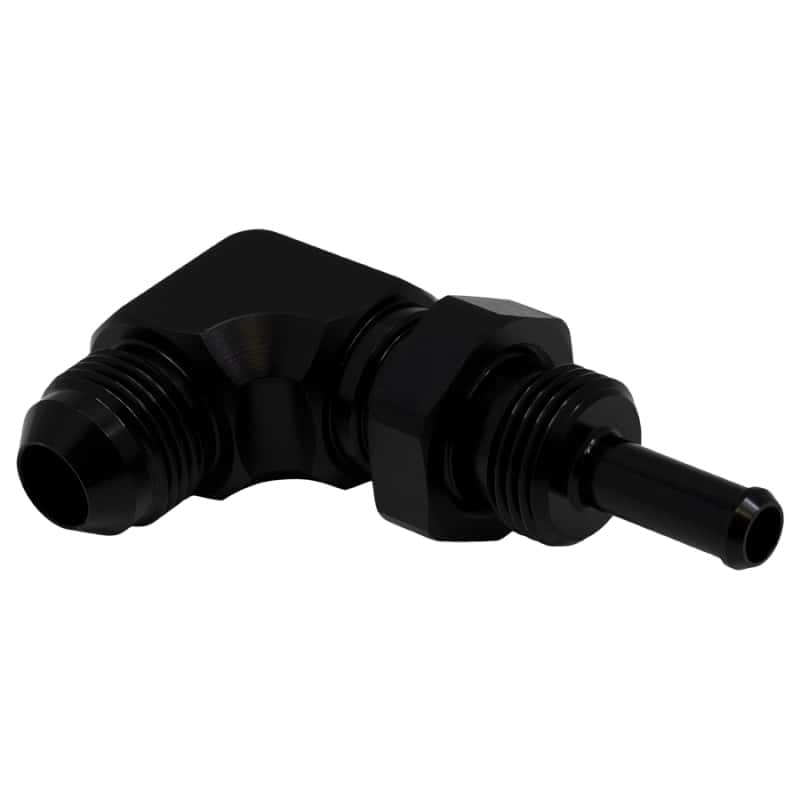 DeatschWerks — DeatschWerks 8AN Male Flare to 5/16in Male Barb Bulkhead Adapter 90-Degree - Anodized Matte Black
Lines & Fittings - view 1