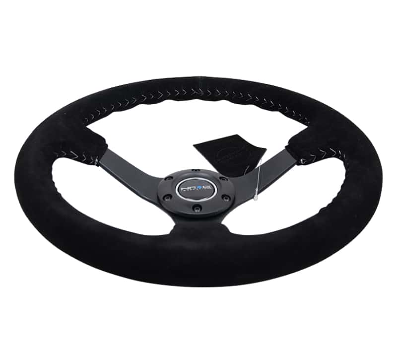 NRG — NRG Reinforced Steering Wheel (350mm / 3in. Deep) Blk Suede/Silver BBall Stitch w/5mm Mt. Blk Spokes - view 4