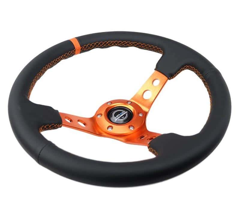 NRG — NRG Reinforce Steering Wheel (350mm / 3in. Deep) Blk Leather, Orange Center Mark w/ Orange Stitching - view 1