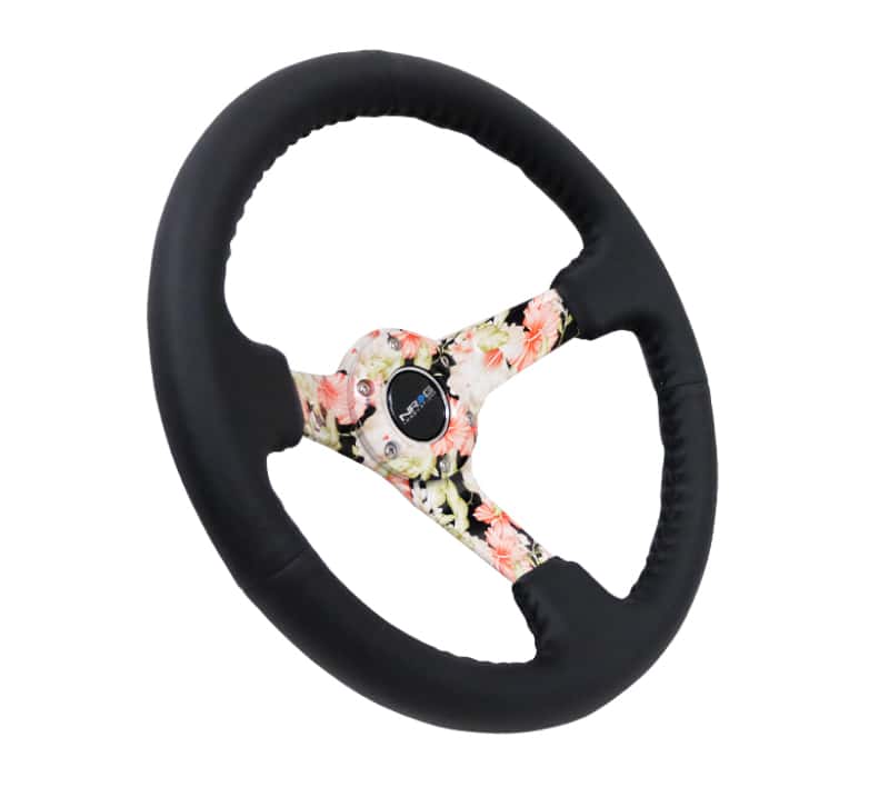 NRG — NRG Reinforced Steering Wheel (350mm / 3in. Deep) Blk Leather Floral Dipped w/ Blk Baseball Stitch - view 2