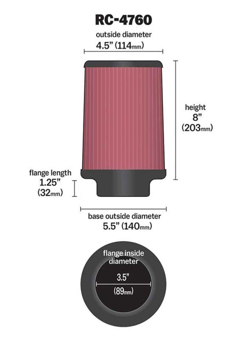 K&N Engineering — K&N Universal Chrome Filter 3 1/2 inch FLG / 5 1/2 inch Bottom / 4 1/2 inch Top / 8 inch Height
Universal Clamp-On A
Clamp-on Air Filter - view 3
