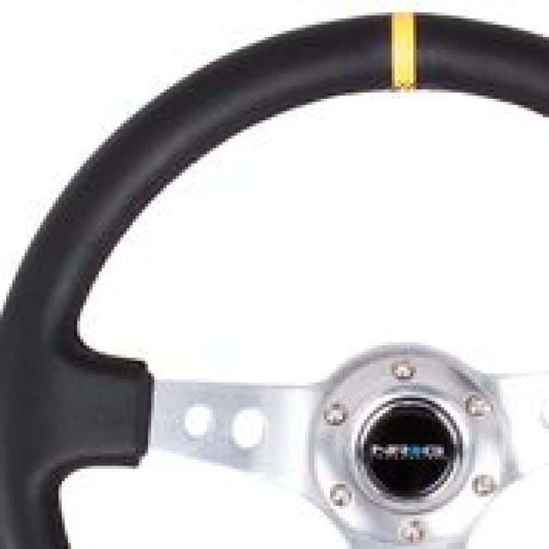NRG — NRG Reinforced Steering Wheel (350mm / 3in. Deep) Blk Leather w/Circle Cut Spokes & Single Yellow CM - view 1