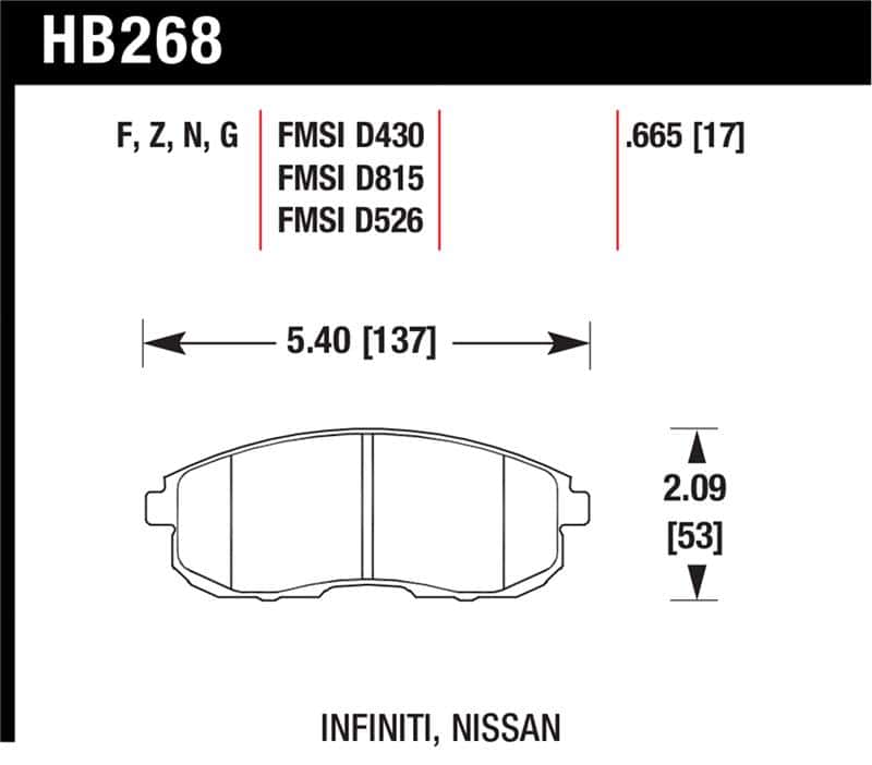 Hawk Performance — Hawk 03-04 G35/03-05 G35X/ 02-05 350z w/o Brembo HP+ Street Front Brake Pads
Disc Brake Pad - view 1