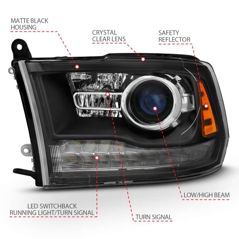 ANZO — ANZO 2009-2018 Dodge Ram 1500 Projector Headlights Plank Style Halo w/Switchback Matte Black
Head Light Set
HdLtSet - view 7