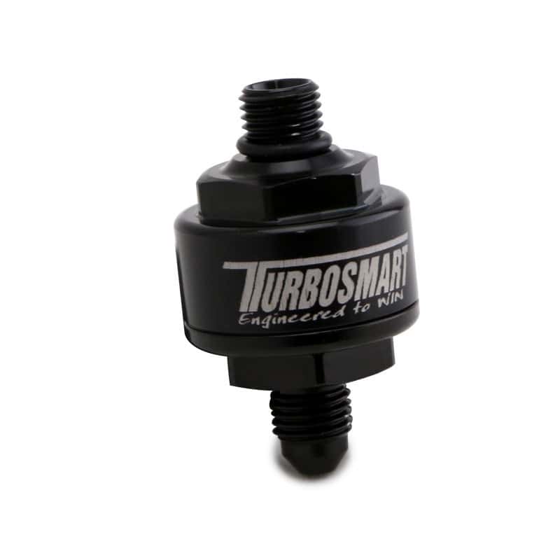 Turbosmart — Turbosmart Billet Turbo Oil Feed Filter w/ 44 Micron Pleated Disc AN-4 Male to AN-4 ORB- Black
Turbo Oil Filter - view 1