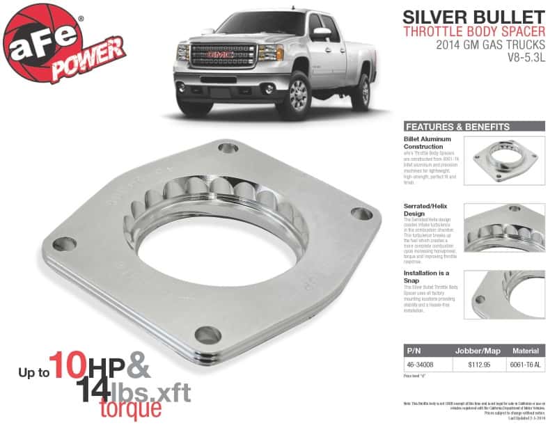 aFe — aFe Silver Bullet Throttle Body Spacers TBS 2014 GM Silverado/Sierra 1500 V8 5.3L
Throttle Body Spacer
Silver Bullet - view 3