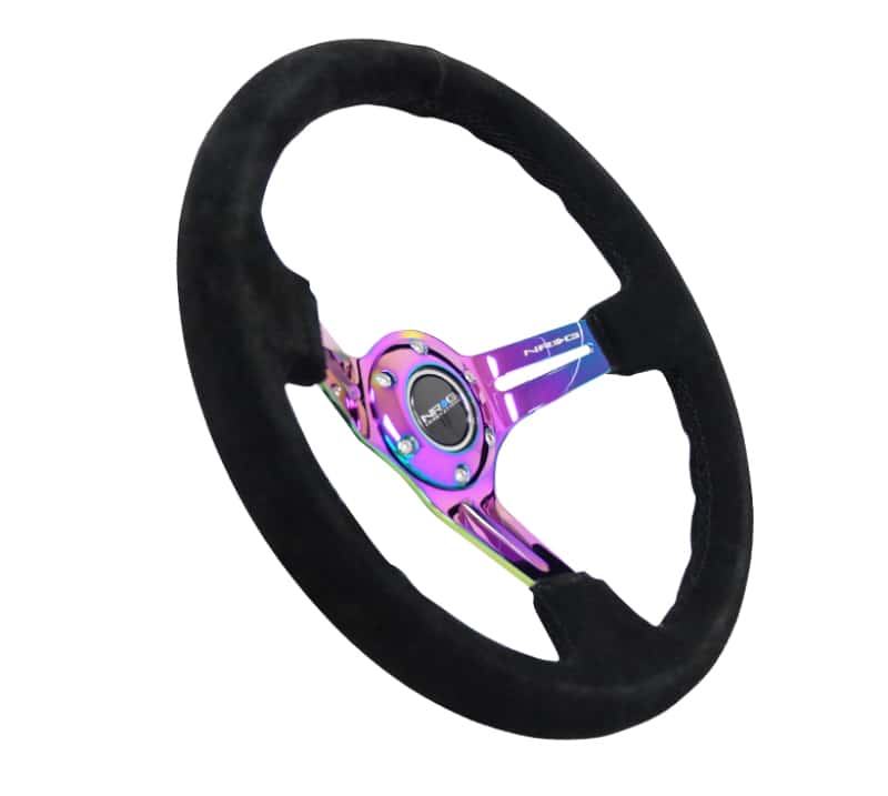 NRG — NRG Reinforced Steering Wheel (350mm / 3in. Deep) Blk Suede/Blk Stitch w/Neochrome Slits - view 2