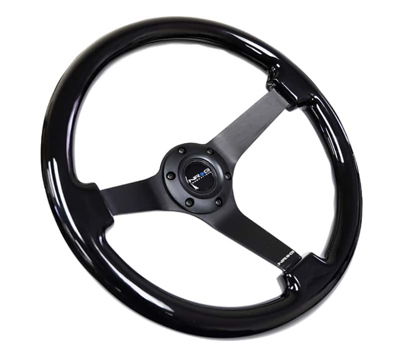 NRG — NRG Reinforced Steering Wheel (350mm / 3in. Deep) Black w/Black Chrome Solid 3-Spoke Center - view 2
