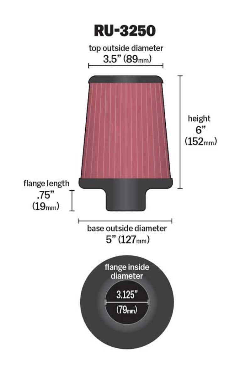 K&N Engineering — K&N Universal Tapered Filter 3.125in Flange ID x 5in Base OD x 3.5in Top OD x 6in Height
Universal Clamp-On A
Clamp-on Air Filter - view 4