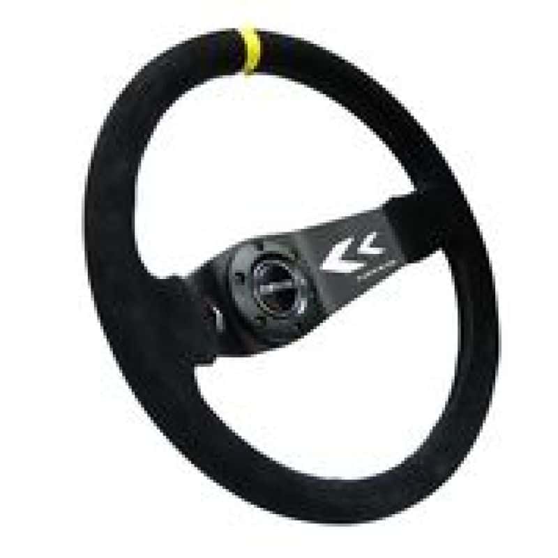 NRG — NRG Reinforced Steering Wheel (350mm / 3in. Deep) Blk Suede w/NRG Arrow Cut 2-Spoke & Yellow Mark - view 3