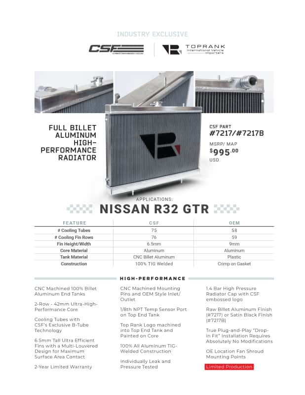 CSF — CSF R32 Nissan Skyline GT-R / GT-S Full Billet Aluminum High-Performance Radiator - Raw Finish
CSF Radiator - view 2